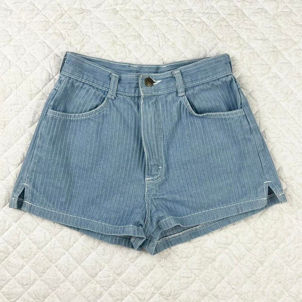 Shades Vintage Striped High Waisted Shorts Denim Light Wash